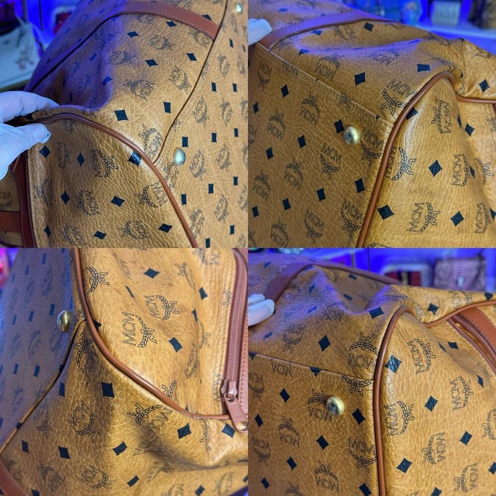 Mcm Viseto Cognac Leather Weekender Round Duffle Bag w/ handle coupler wrap 55cm - Picture 11 of 15